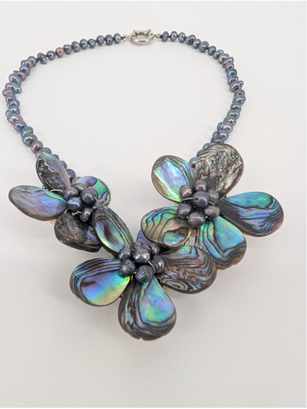Abalone Shell Flower Statement Necklace Gray Baroque Freshwater Pearls Oceancore